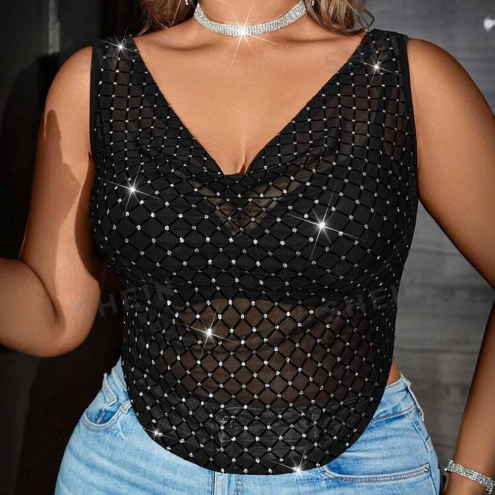 NEW| SHEIN Women’s Plus Size Rhinestone Draped Collar Blouse